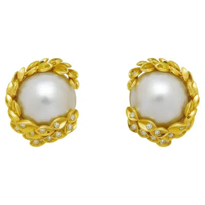 Pre-owned David Webb Mabe Pearl And Diamond Leaf Clip-on Earrings In Multi