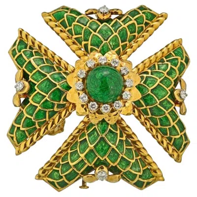 Pre-owned David Webb Maltese Cross 18 Karat Yellow Gold Green Enamel Brooch Pendant
