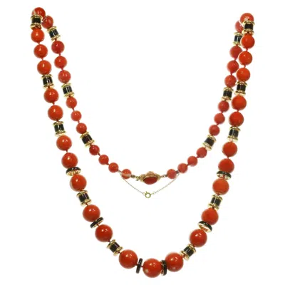 Pre-owned David Webb Natural Red Coral Bead Black Enamel Yellow Gold Necklace