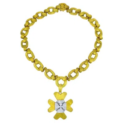 Pre-owned David Webb Necklace Sautoir Chain Oval Links 18k Gold Platinum Diamond Brooch In Multi