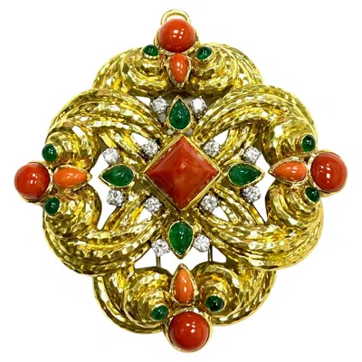 Pre-owned David Webb One Of A Kind Coral Emerald 18k Yellow Gold Pendant Brooch