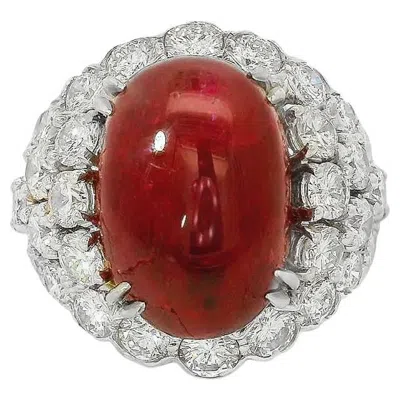Pre-owned David Webb Oval Cabochon Ruby And Diamond Cocktail Ring In Multi