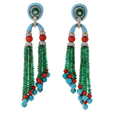 Pre-owned David Webb Pagoda Tassel Emerald And Turquoise Diamond Drop Dangling Earrings In Green