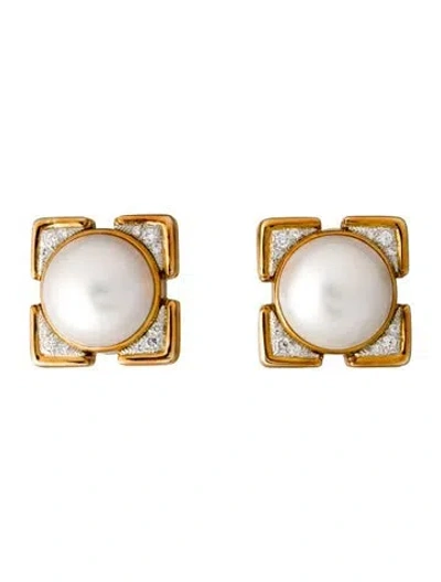 Pre-owned David Webb Pearl & Diamond Earclip Earrings In Multi