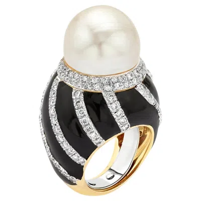 Pre-owned David Webb Pearl Ring With Diamonds In 18k Yg, Platinum And Black Enamel