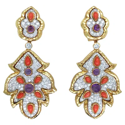 Pre-owned David Webb , Platinum 18k Gold Coral Diamond Earrings In Red