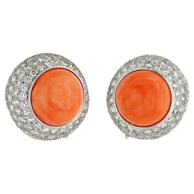 Pre-owned David Webb Platinum 18k White Gold Coral And Diamond Clip Button Earrings