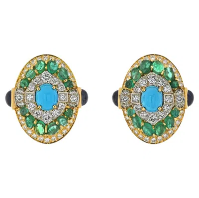 Pre-owned David Webb Platinum, 18k Yellow Gold Turquoise Emerald And Diamond Clip Earrings