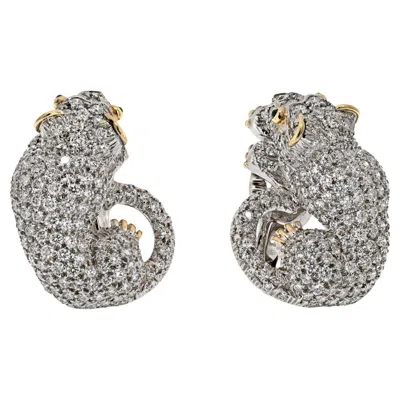 Pre-owned David Webb Platinum 6.50cttw Diamond Panther Animal Earrings In Multi
