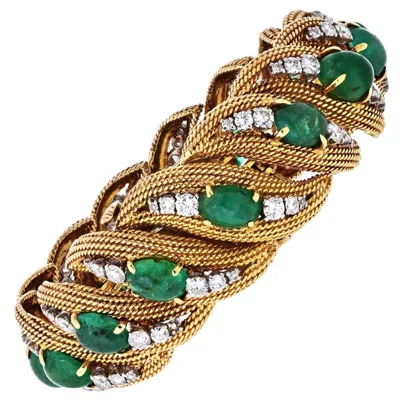 Pre-owned David Webb Platinum And 18 Karat Gold Diamonds, Cabochon Emeralds Bracelet In Multi