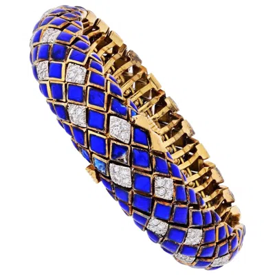 Pre-owned David Webb Platinum And 18 Karat Yellow Gold Blue Enamel And Diamond Bracelet