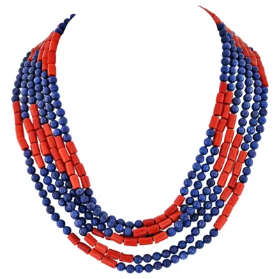 Pre-owned David Webb Platinum And 18 Karat Yellow Gold Multi-strand Lapis, Coral Necklace