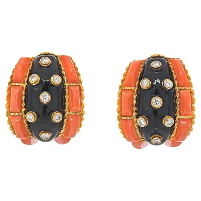 Pre-owned David Webb Platinum & 18k Coral, Black Enamel And Diamond Earrings
