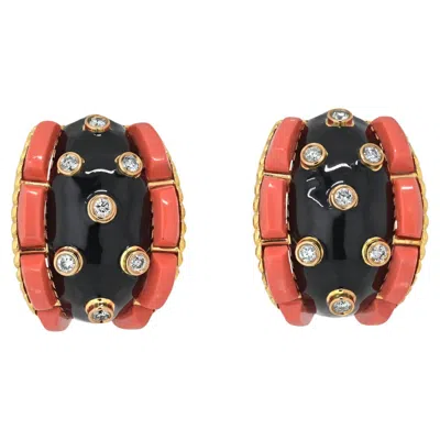 Pre-owned David Webb Platinum & 18k Coral, Black Enamel And Diamond Earrings