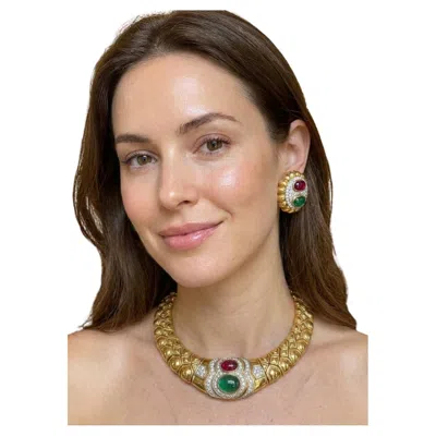 Pre-owned David Webb Platinum & 18k Gold Emerald Ruby Diamond Necklace And Earclips Suite In Green