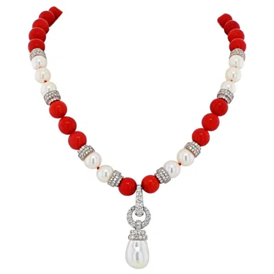 Pre-owned David Webb Platinum & 18k White Gold Coral, Diamond And Pearl Bead Necklace