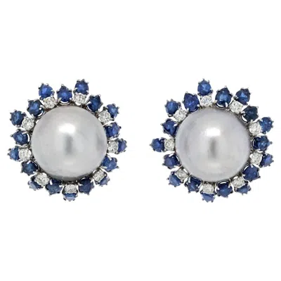 Pre-owned David Webb Platinum & 18k White Gold Sapphire, Diamond, Pearl Earrings