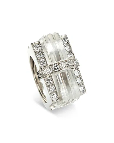 David Webb Platinum & 18k White Gold Twilight Carved Rock Crystal & Diamond Tuxedo Ring In Silver
