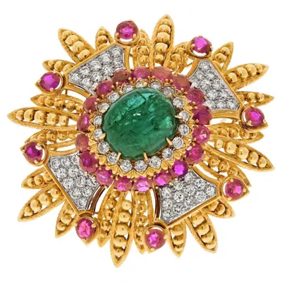 Pre-owned David Webb Platinum & 18k Yellow Gold 1960's Green Emerald, Rubies, And Diamonds