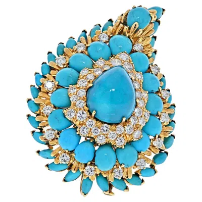 Pre-owned David Webb Platinum &18k Yellow Gold 1970's Turquoise And Diamond Foliage Brooch