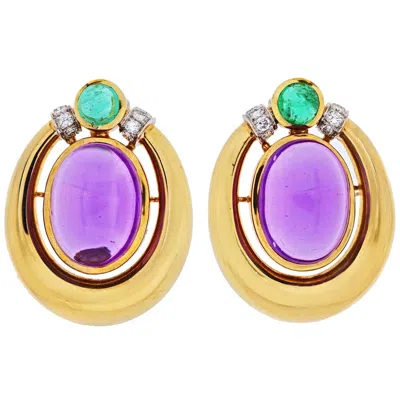 Pre-owned David Webb Platinum And 18k Yellow Gold Amethyst, Diamond And Emerald Earrings