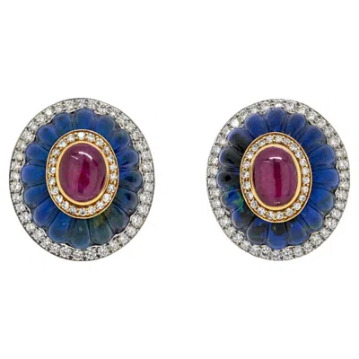 Pre-owned David Webb Platinum & 18k Yellow Gold Azurmalachite, Diamond, Ruby Clip Earrings