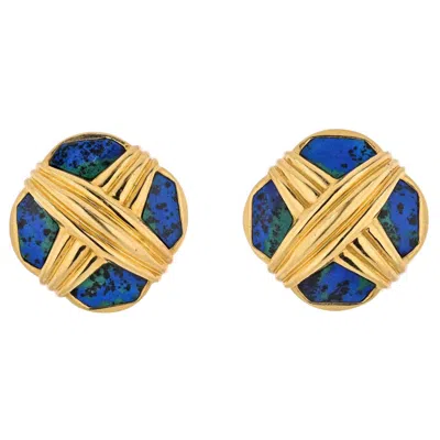 Pre-owned David Webb Platinum & 18k Yellow Gold Azurmalachite X-design Earrings