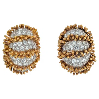 Pre-owned David Webb Platinum & 18k Yellow Gold Beaded Diamond Oval Clip On Earrings