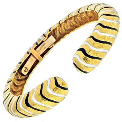Pre-owned David Webb Platinum & 18k Yellow Gold Black And White Enamel Bangle Bracelet