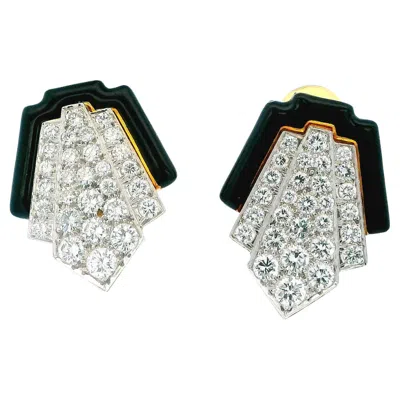 Pre-owned David Webb Platinum & 18k Yellow Gold Black Enamel And Diamond Clip Earrings