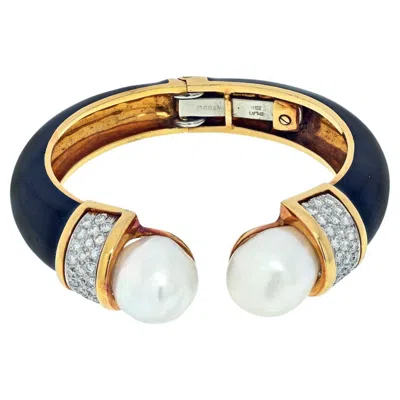 Pre-owned David Webb Platinum & 18k Yellow Gold Black Enamel And Pearl Diamond Bracelet
