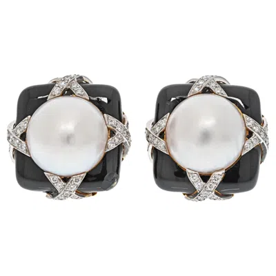 Pre-owned David Webb Platinum & 18k Yellow Gold Black Enamel, Diamond And Pearl Earrings