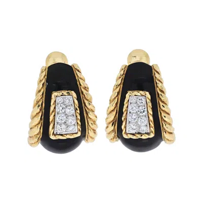 Pre-owned David Webb Platinum & 18k Yellow Gold Black Enamel Diamond Earrings