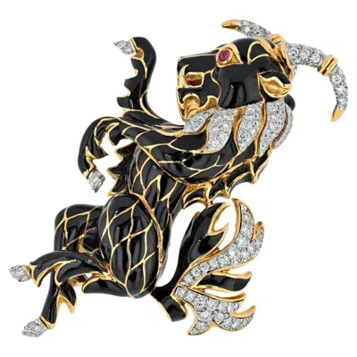 Pre-owned David Webb Platinum & 18k Yellow Gold Black Enamel Diamond Goat Brooch
