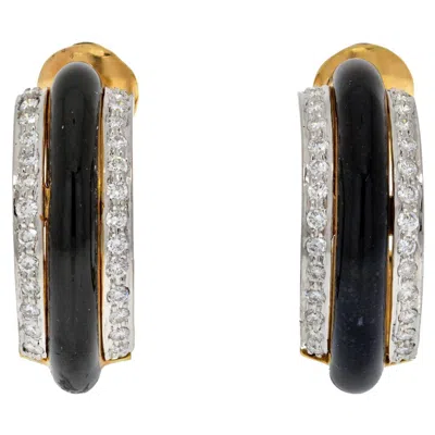 Pre-owned David Webb Platinum & 18k Yellow Gold Black Enamel Diamond Hoop Earrings