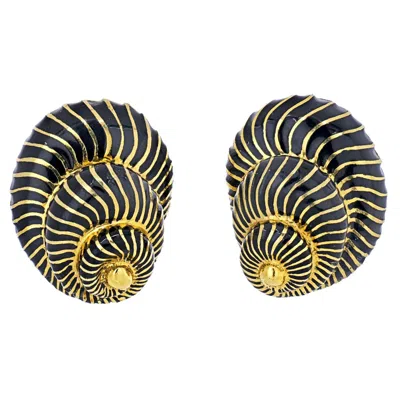 Pre-owned David Webb Platinum & 18k Yellow Gold Black Enamel Seashell Earrings