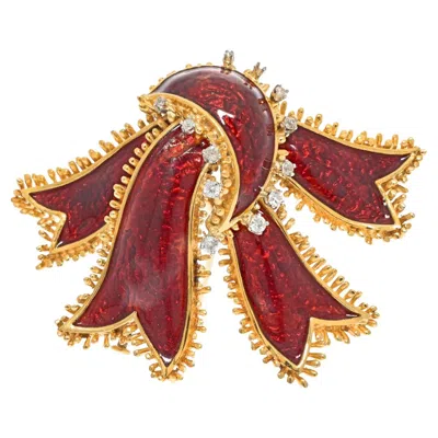 Pre-owned David Webb Platinum & 18k Yellow Gold Bow Ribbon Red Enamel Brooch