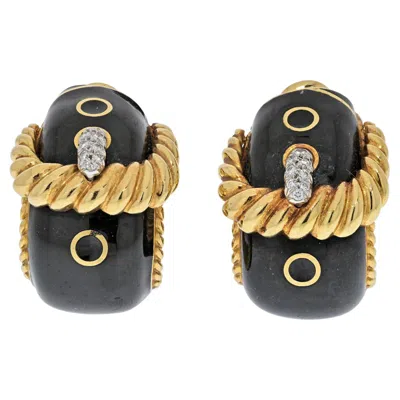 Pre-owned David Webb Platinum & 18k Yellow Gold Buckle Black Enamel Diamond Earrings