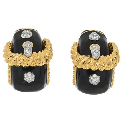 Pre-owned David Webb Platinum & 18k Yellow Gold Buckle Diamond Black Enamel Earrings