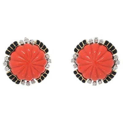 Pre-owned David Webb Platinum & 18k Yellow Gold Carved Coral Bombe Diamond Earrings