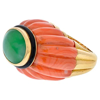 Pre-owned David Webb Platinum & 18k Yellow Gold Carved Coral, Jade And Black Enamel Ring