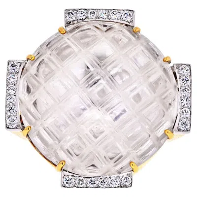 Pre-owned David Webb Platinum & 18k Yellow Gold Checkerboard Rock Crystal Diamond Ring