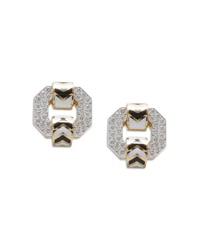 David Webb Platinum & 18k Yellow Gold Chevron Diamond And Black & White Enamel Stud Earrings, 3.21 Tcw In Silver
