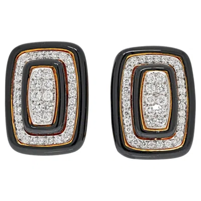 Pre-owned David Webb Platinum & 18k Yellow Gold Diamond And Black Enamel Clip On Earrings