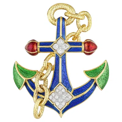 Pre-owned David Webb Platinum & 18k Yellow Gold Diamond And Enamel Anchor Pendant Brooch