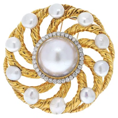 Pre-owned David Webb Platinum & 18k Yellow Gold Diamond And Pearl Circular Openwork Brooch