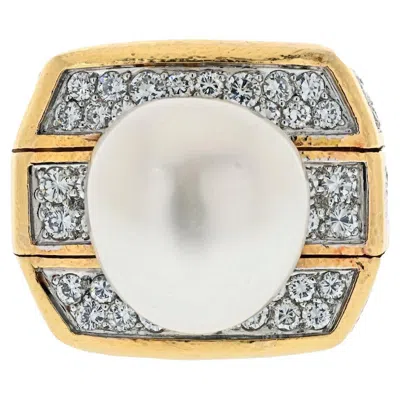 Pre-owned David Webb Platinum & 18k Yellow Gold Diamond And Pearl Cocktail Fashion Ring