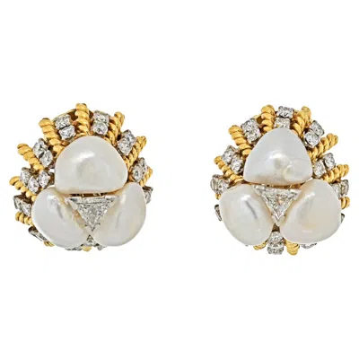 Pre-owned David Webb Platinum & 18k Yellow Gold Diamond, Pearl, Dome Style Clip On Earring