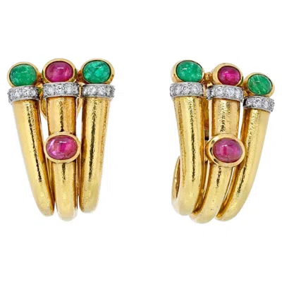 Pre-owned David Webb Platinum & 18k Yellow Gold Diamond, Ruby, Green Emerald Earrings