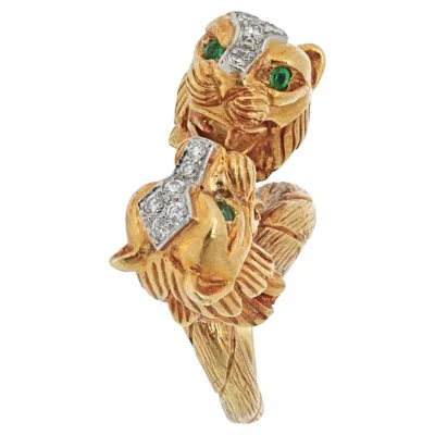 Pre-owned David Webb Platinum & 18k Yellow Gold Double Head Lion Ring